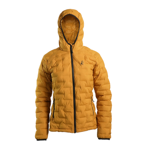 Outdoor Vitals Women’s Zulu Down Jacket in Thai Curry Yellow – front view emphasizing technical down warmth for ultralight backpacking.