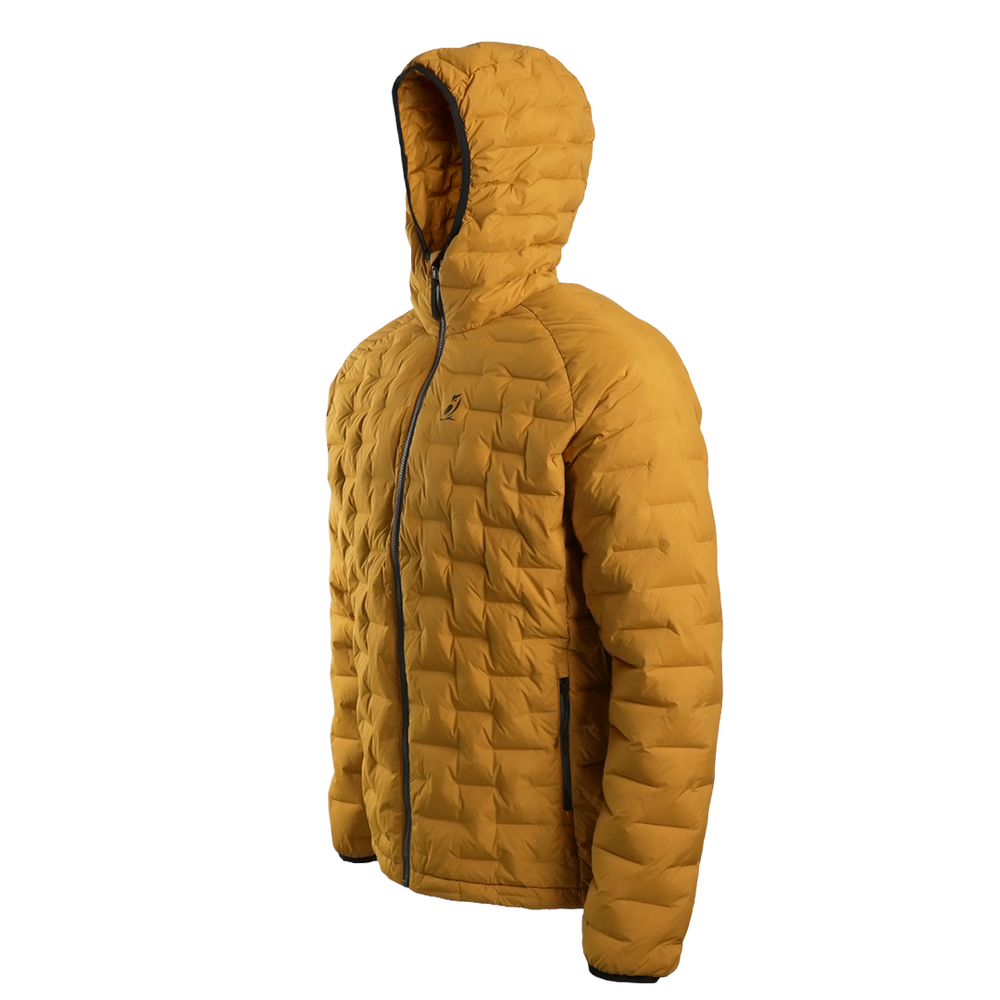 Outdoor Vitals Zulu Down Jacket in Thai Curry Yellow angled left, lightweight puffer design with adjustable hood and full-zip front.