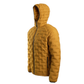 Outdoor Vitals Zulu Down Jacket in Thai Curry Yellow angled left, lightweight puffer design with adjustable hood and full-zip front.