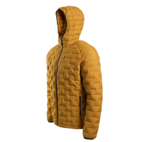 Outdoor Vitals Zulu Down Jacket in Thai Curry Yellow angled left, lightweight puffer design with adjustable hood and full-zip front.