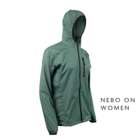 45 degree front right side view of dark forest colored windbreaker jacket for backpacking - no background