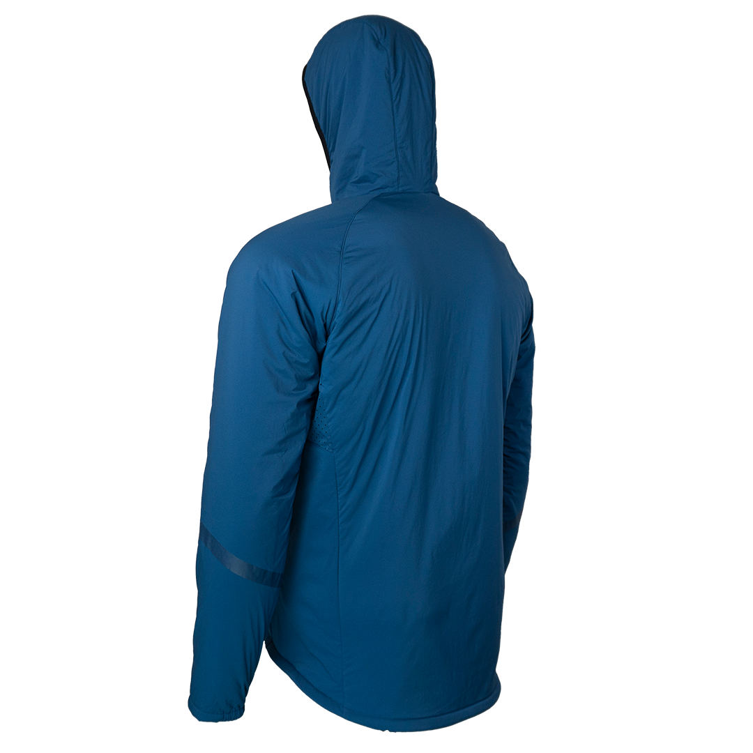 left rear view of men's blue active mid layer