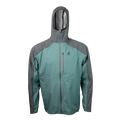 front view of men's blue & gray ultralight rain jacket for backpacking