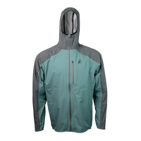 front view of men's blue & gray ultralight rain jacket for backpacking