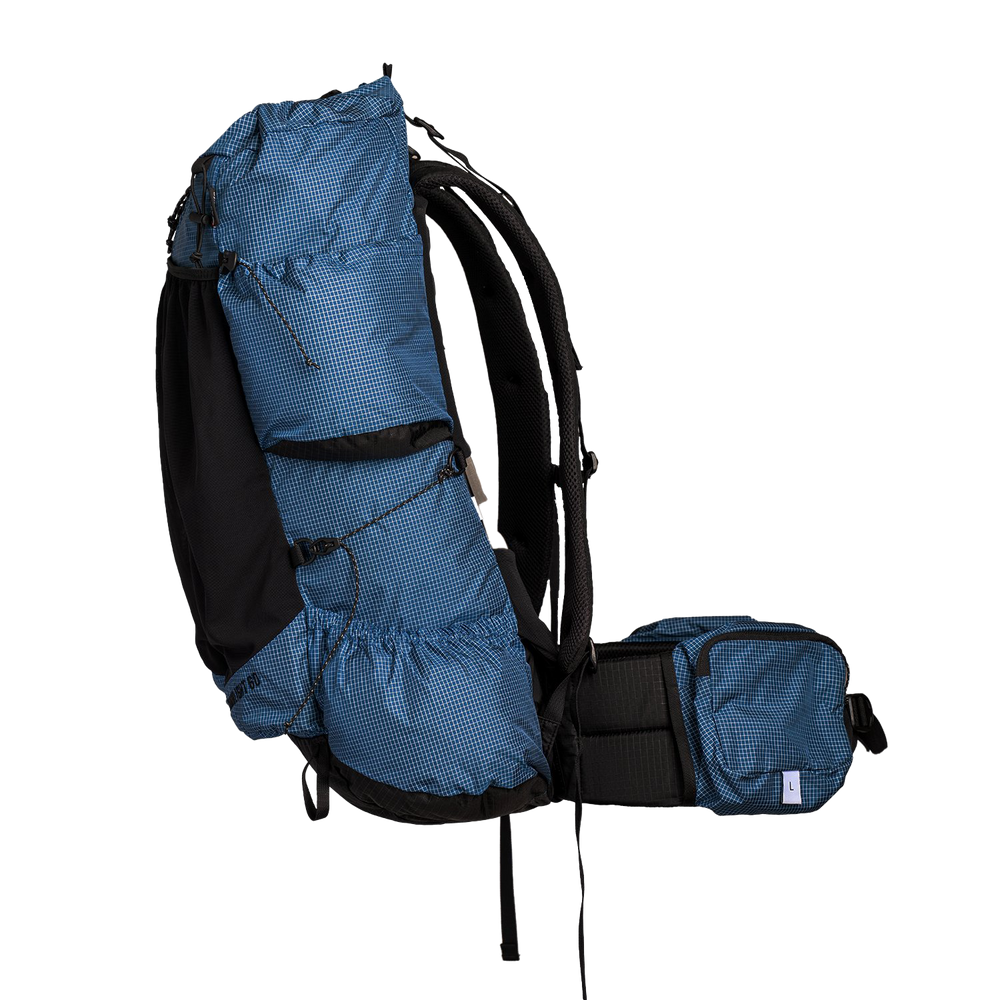 Side view of the Shadowlight Ultralight Backpack with a focus on side pockets & hip belt