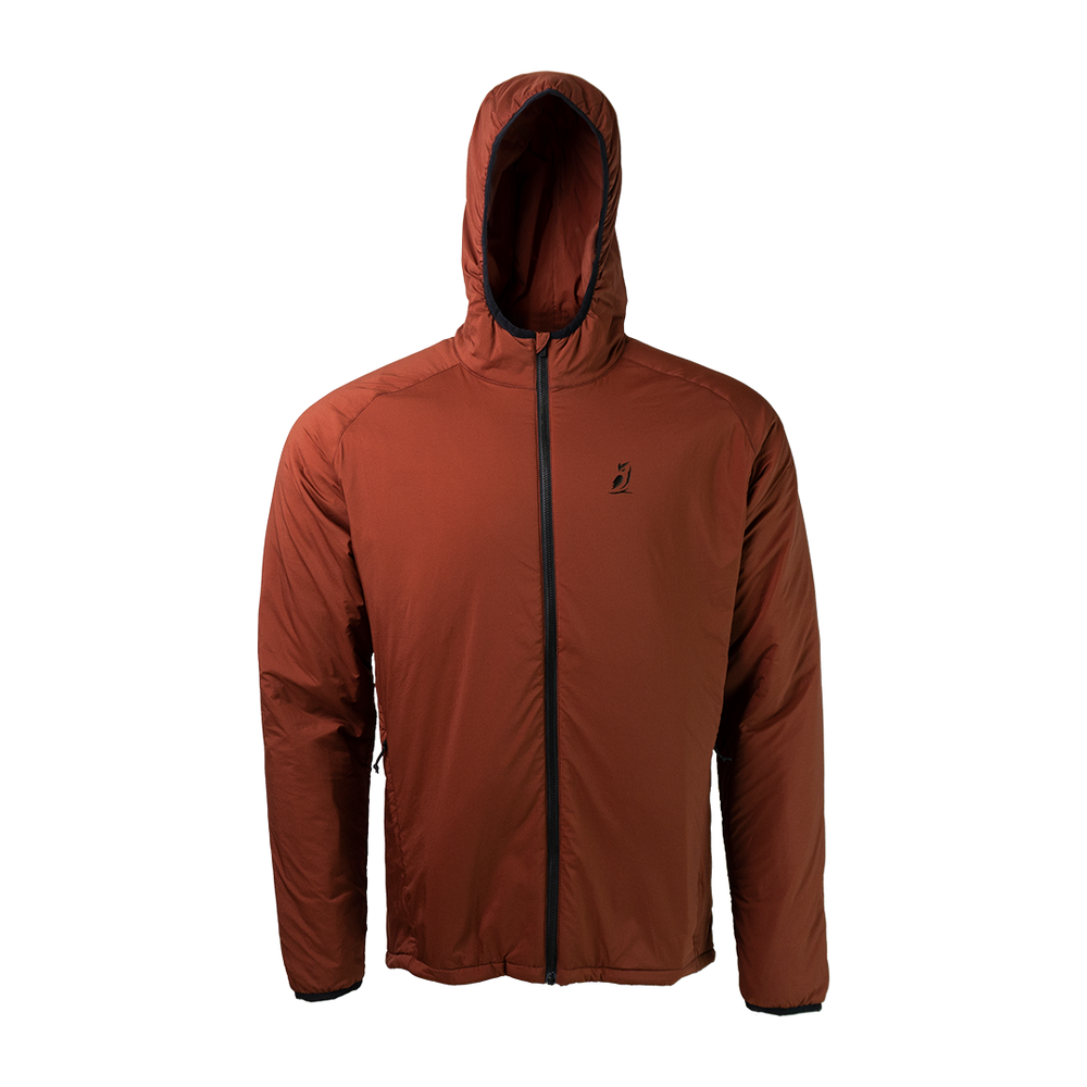 front view of men's full zip hooded jacket for backpacking