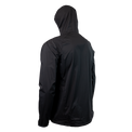 45 degree back left side view of black colored windbreaker jacket for backpacking