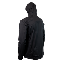 45 degree back left side view of black colored windbreaker jacket for backpacking