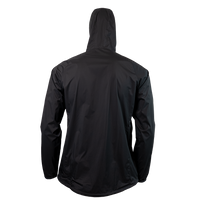 back view of black colored windbreaker jacket for backpacking