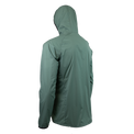 45 degree back left side view of dark forest colored windbreaker jacket for backpacking