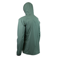 45 degree back left side view of dark forest colored windbreaker jacket for backpacking