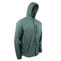 45 degree front right side view of dark forest colored windbreaker jacket for backpacking