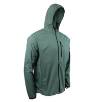 45 degree front right side view of dark forest colored windbreaker jacket for backpacking