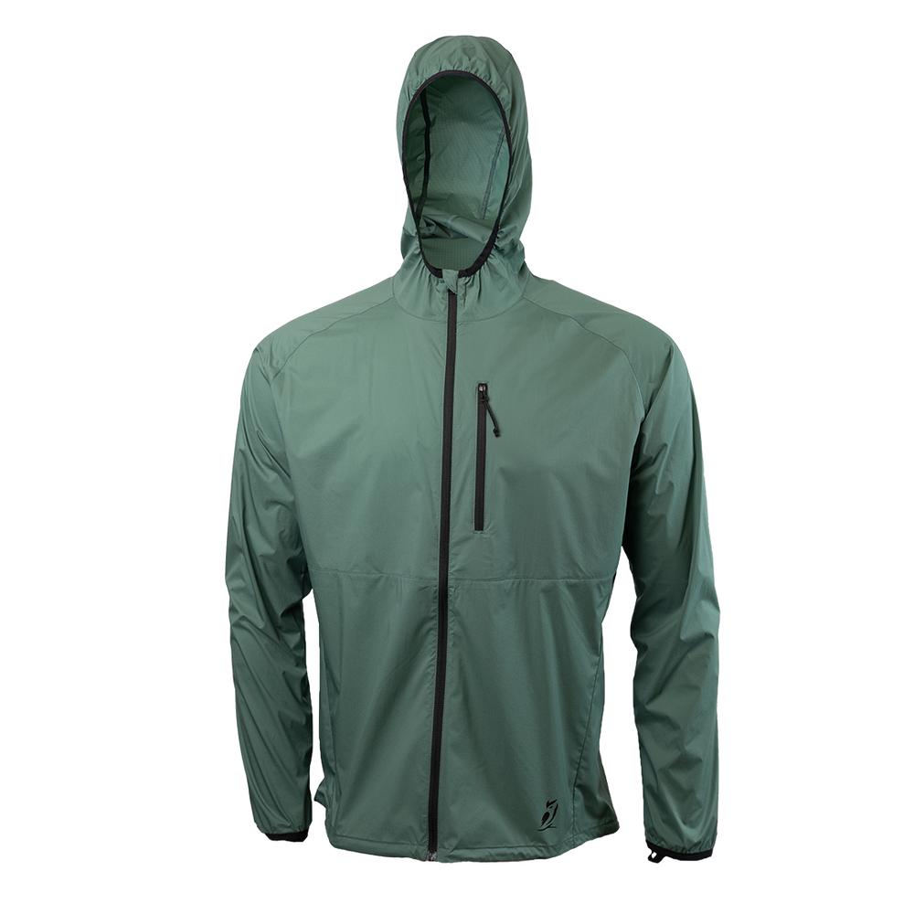 front view of dark forest colored windbreaker jacket for backpacking