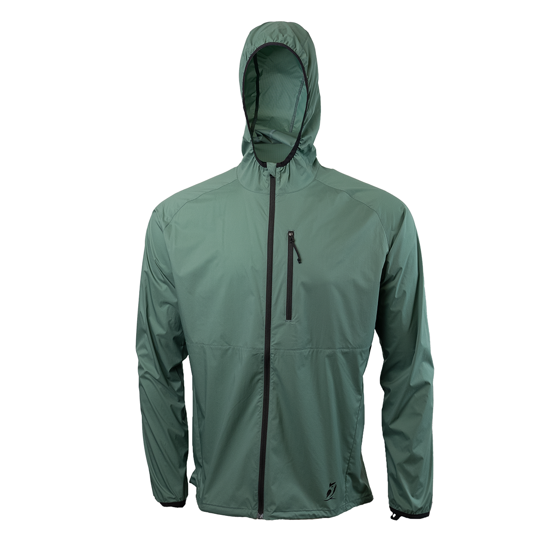front view of dark forest colored windbreaker jacket for backpacking