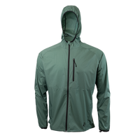 front view of dark forest colored windbreaker jacket for backpacking