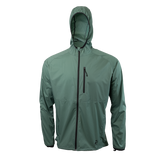 front view of dark forest colored windbreaker jacket for backpacking