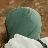 close rear view of hood of windbreaker jacket for backpacking