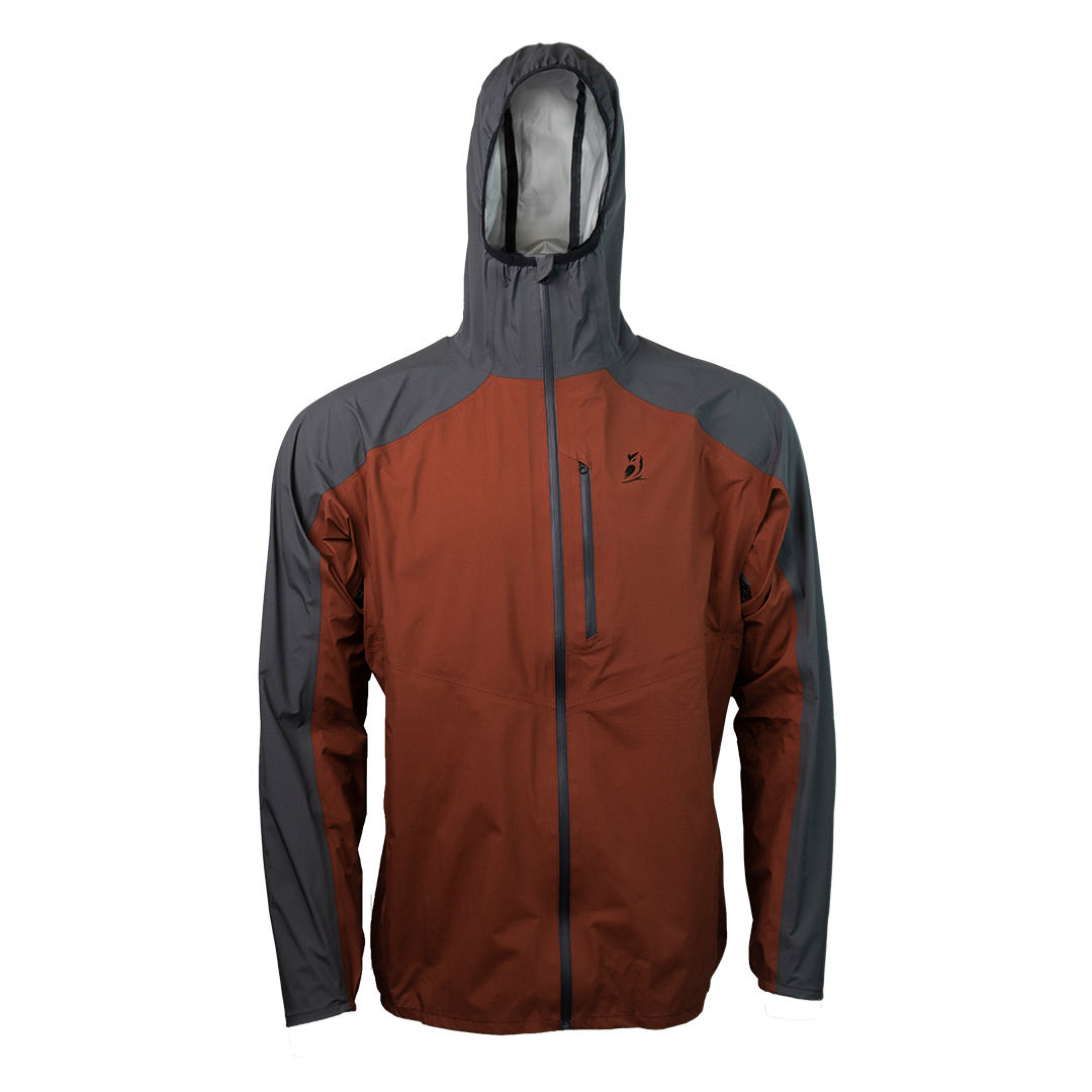 front view of men's red & gray ultralight rain jacket