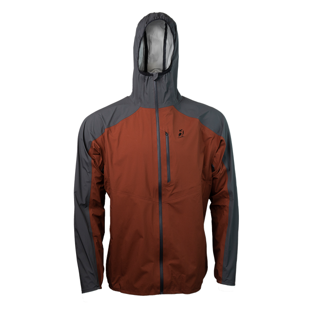 front view of men's red & gray ultralight rain jacket