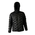 Front view of a black Outdoor Vitals insulated hooded jacket, featuring quilted baffles and a full-length zipper.