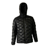Front view of a black Outdoor Vitals insulated hooded jacket, featuring quilted baffles and a full-length zipper.
