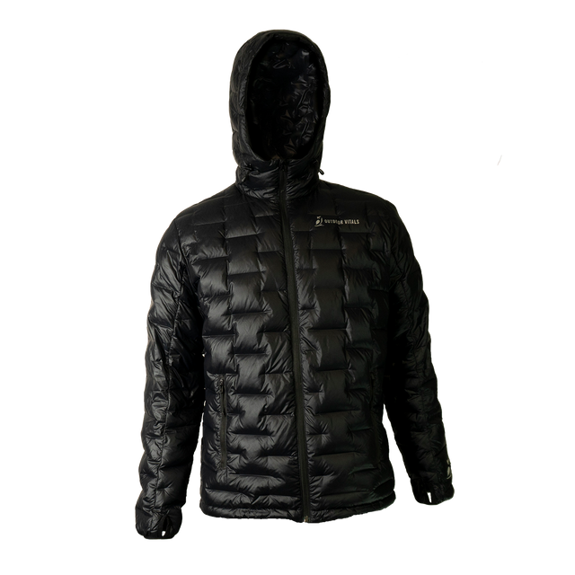 Front view of a black Outdoor Vitals insulated hooded jacket, featuring quilted baffles and a full-length zipper.