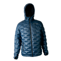 Front view of a blue Outdoor Vitals insulated hooded jacket, featuring quilted baffles and a full-length zipper.