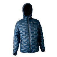 Front view of a blue Outdoor Vitals insulated hooded jacket, featuring quilted baffles and a full-length zipper.
