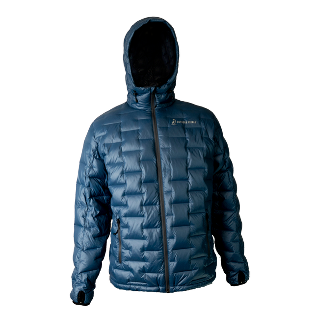 Front view of a blue Outdoor Vitals insulated hooded jacket, featuring quilted baffles and a full-length zipper.