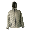 Front view of a light gray Outdoor Vitals insulated hooded jacket, featuring quilted baffles and a full-length zipper.