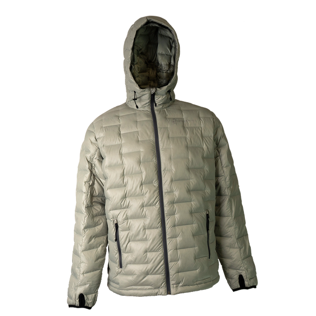 Front view of a light gray Outdoor Vitals insulated hooded jacket, featuring quilted baffles and a full-length zipper.