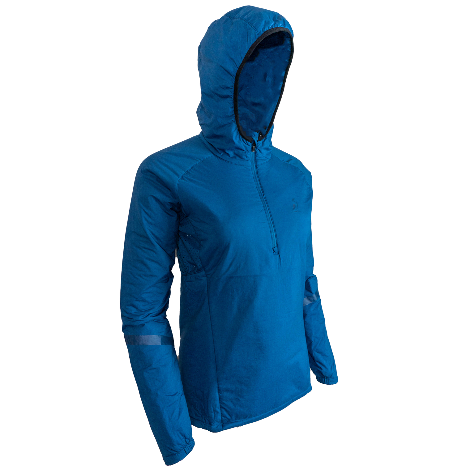 side view of women's blue technical hoodie