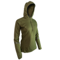 side view of women's olive colored technical quarter-zip mid layer