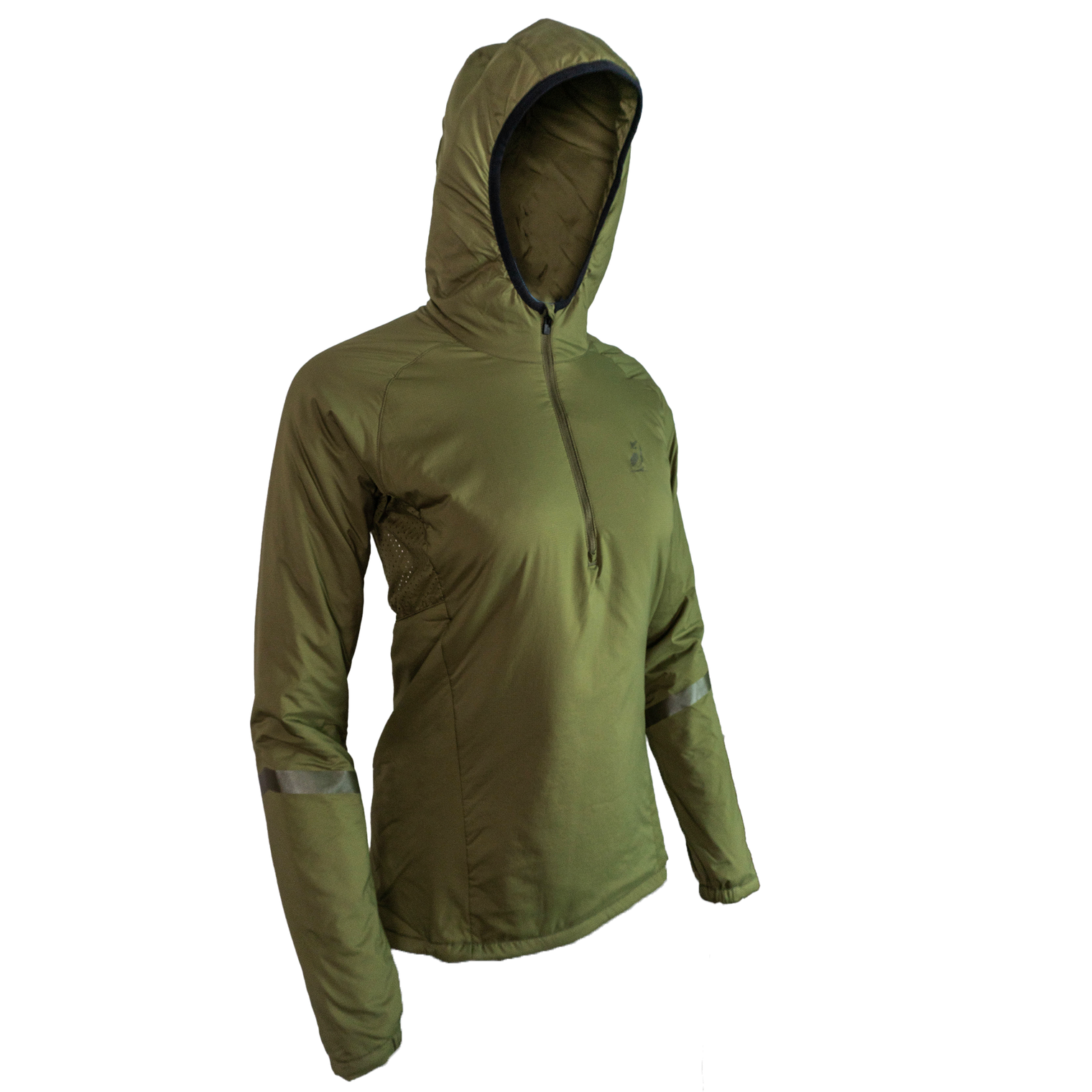 side view of women's olive colored technical quarter-zip mid layer