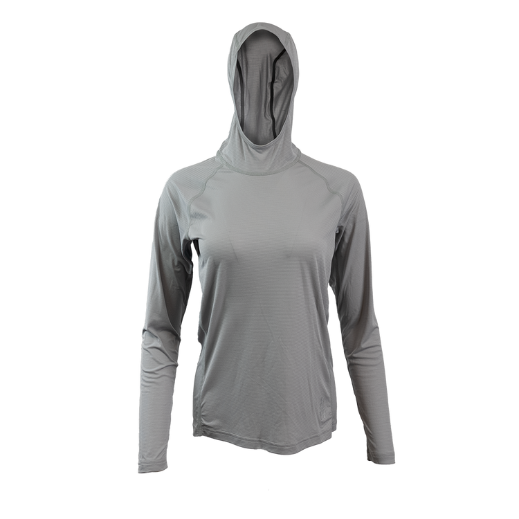 Gray Ultralight synthetic hoodie with a hood, displaying true flat-lock seams and a minimal clean collar.